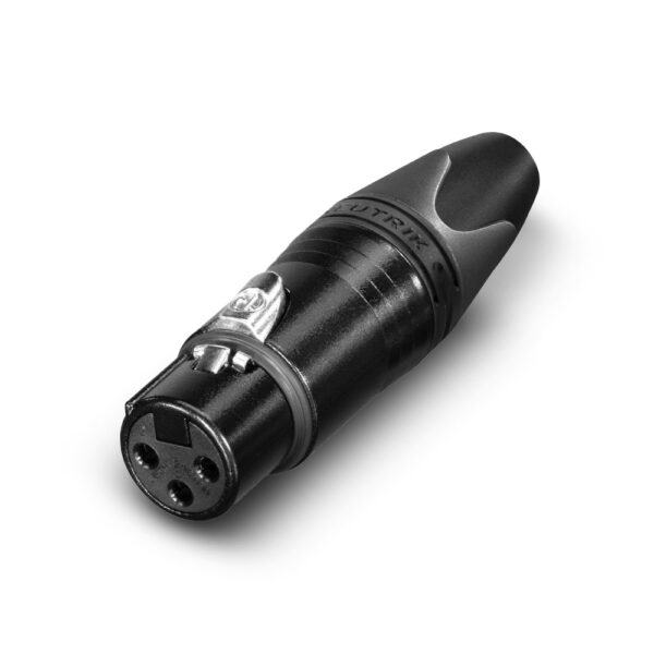 NC3FXX-BAG: 3 pole female cable connector with black metal housing and silver contacts.