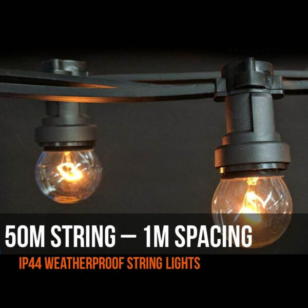 50m Festoon Lighting Cable with 50 Lamp Sockets and Plug. No Lamps