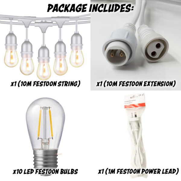 Event Lighting WHITE 10m Festoon Package with 10m Extension, Power Cable & Bulbs