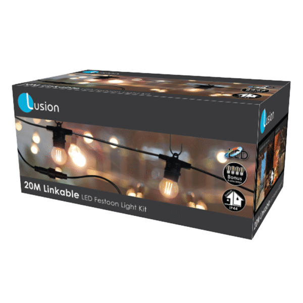 20m LED Festoon Lighting Kit with 20 Sockets, linkable